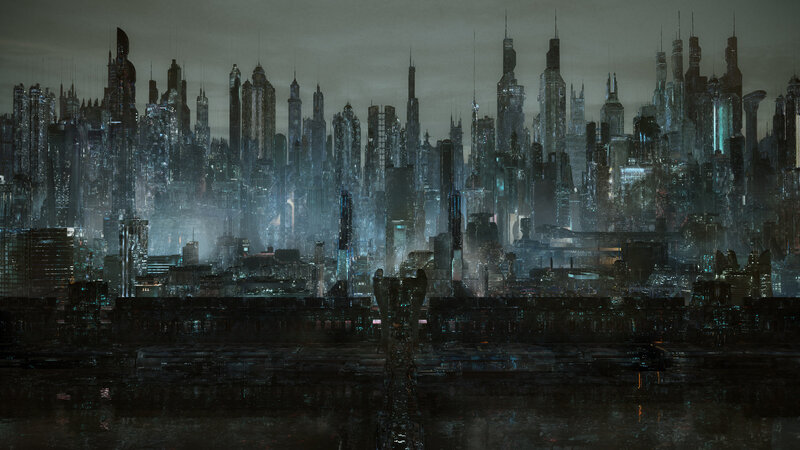 Futuristic Cityscape — Gray, Dystopian, Night, Digital Art