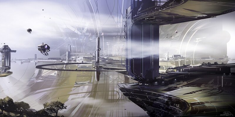 Futuristic Cityscape — Gray, Serene, Digital Art, Spaceship, Drones