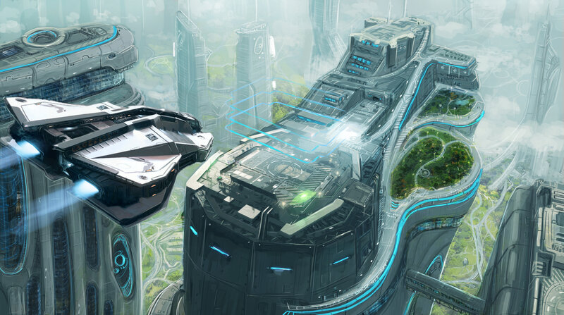 Futuristic Cityscape — Gray, Serene, Digital Art, Spaceship