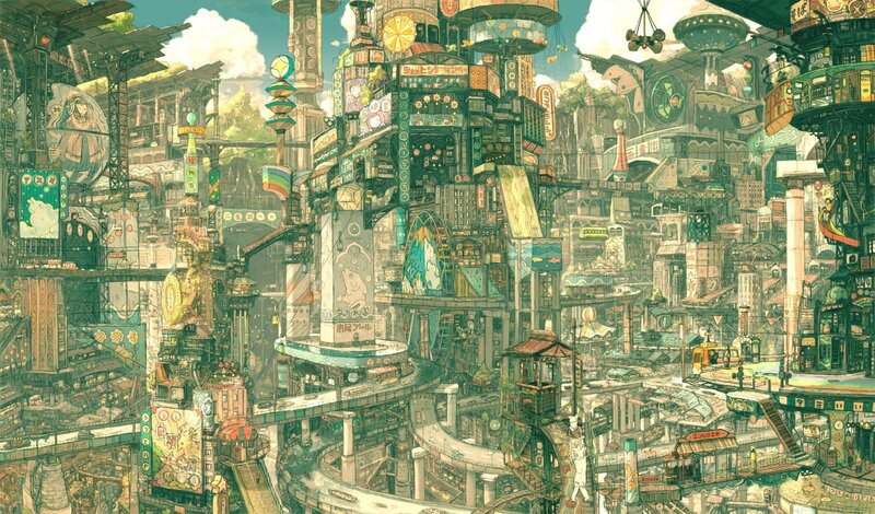 Futuristic Cityscape — Green, Busy, Afternoon, Illustration, Buildings, Billboards
