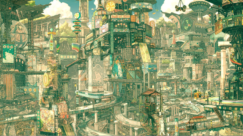 Futuristic Cityscape — Green, Busy, Afternoon, Illustration, Buildings