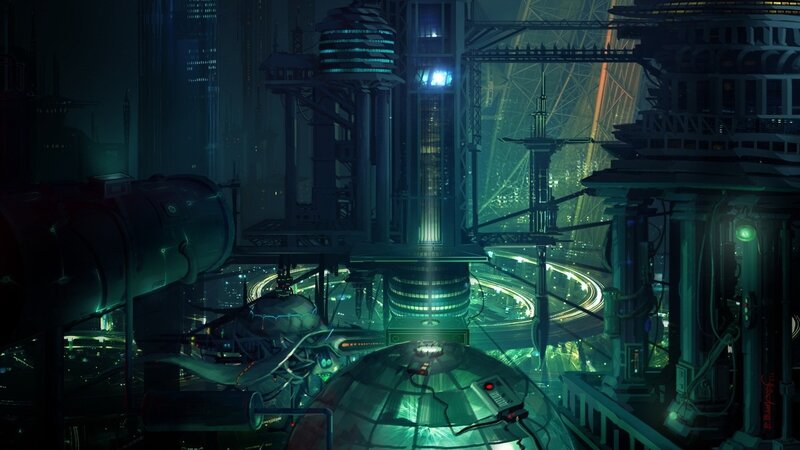 Futuristic Cityscape — Green, Dark