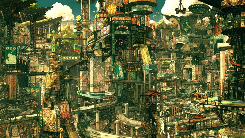 Futuristic Cityscape — Green, Detailed, Afternoon