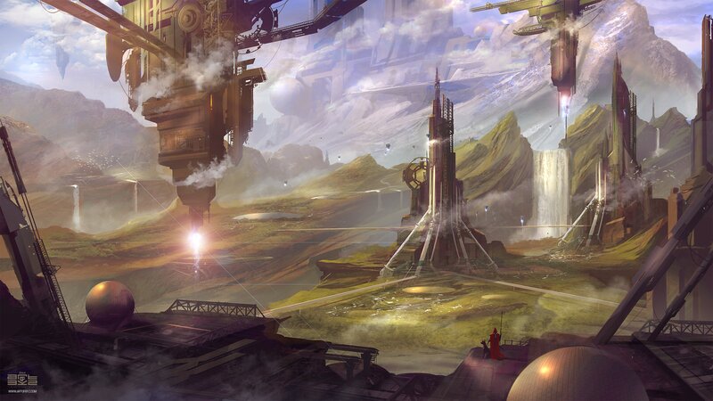 Futuristic Cityscape — Green, Dramatic, Afternoon, Digital Art, Mountains
