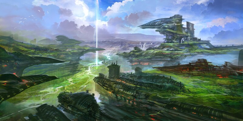 Futuristic Cityscape — Green, Dramatic, Afternoon, Digital Art, Ships