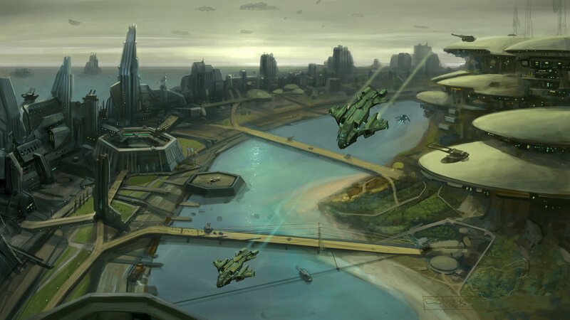 Futuristic Cityscape — Green, Dramatic, Afternoon, Digital Art, Spaceships