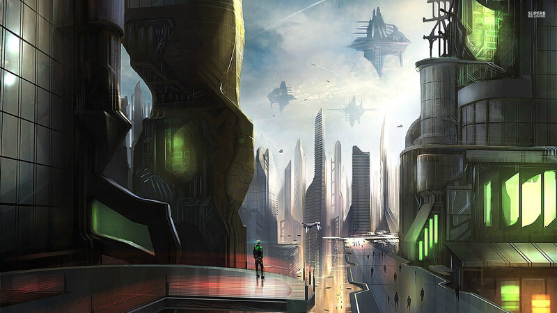 Futuristic Cityscape — Green, Dramatic, Afternoon, Digital Art