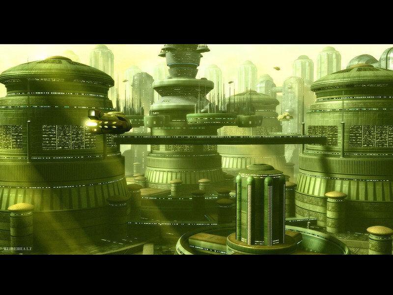 Futuristic Cityscape — Green, Dramatic, Afternoon