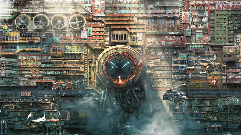 Futuristic Cityscape — Green, Dramatic, Digital Art, Buildings, Signs