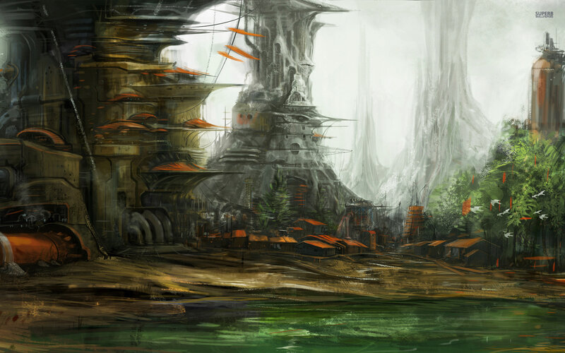 Futuristic Cityscape — Green, Dramatic, Digital Art, Buildings