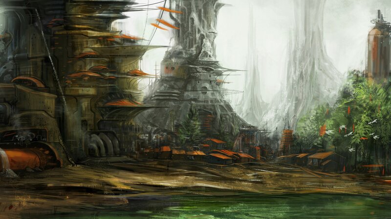 Futuristic Cityscape — Green, Dramatic, Digital Art, Buildings, Trees