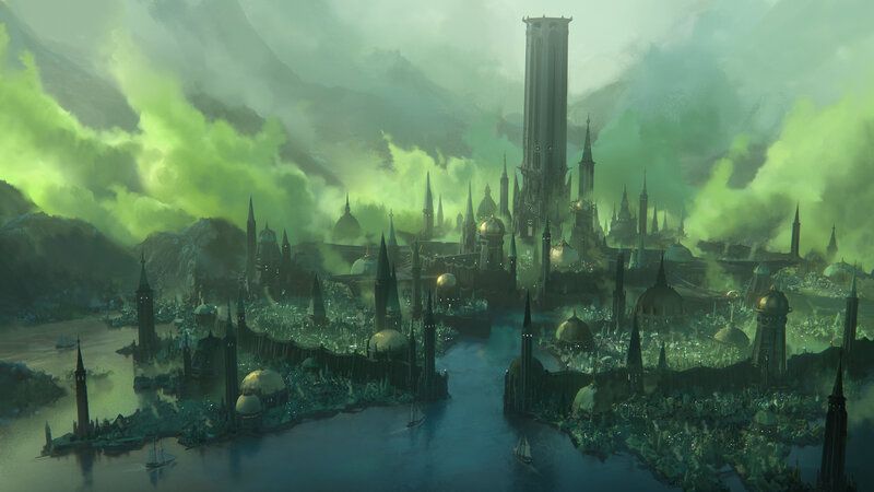 Futuristic Cityscape — Green, Dramatic, Digital Art, Tower