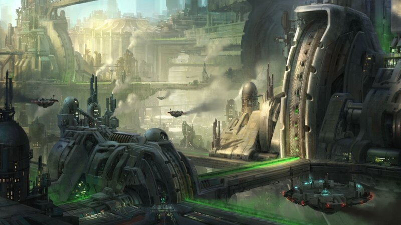 Futuristic Cityscape — Green, Dramatic, Morning, Digital Art, Spaceships
