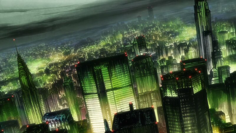 Futuristic Cityscape — Green, Dramatic, Night, Anime