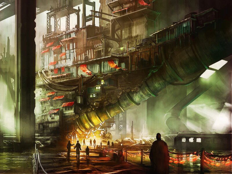 Futuristic Cityscape — Green, Dramatic, Night, Digital Art, Buildings, People, Pipes