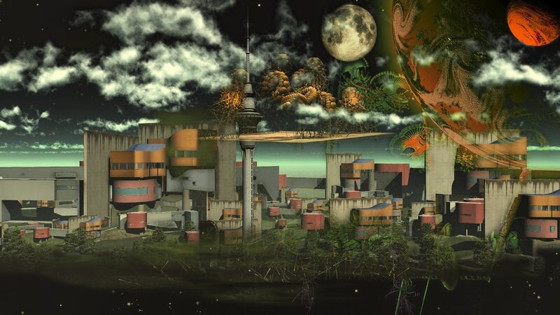Futuristic Cityscape — Green, Dramatic, Night, Digital Art, Moon