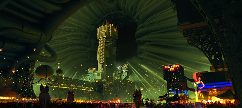 Futuristic Cityscape — Green, Dramatic, Night, Digital Art, Neon Signs
