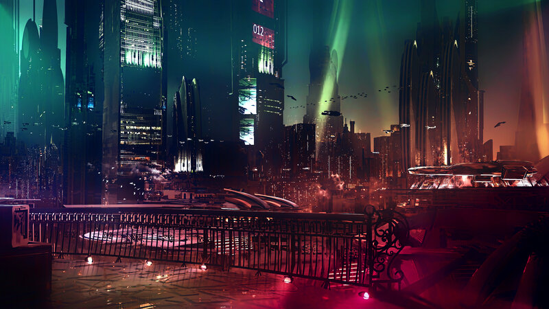 Futuristic Cityscape — Green, Dramatic, Night, Digital Art, Skyscrapers, Aircraft, Neon Lights