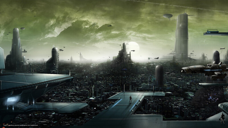 Futuristic Cityscape — Green, Dramatic, Night, Digital Art, Skyscrapers, Aircraft