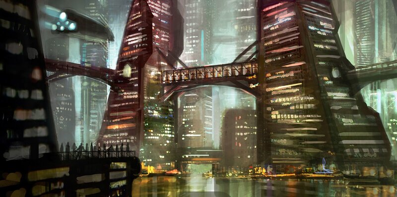 Futuristic Cityscape — Green, Dramatic, Night, Digital Art, Skyscrapers, Bridge