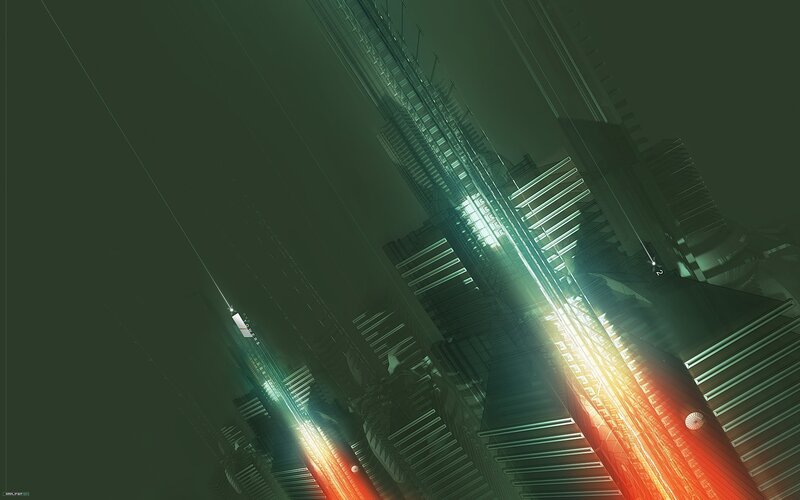 Futuristic Cityscape — Green, Dramatic, Night, Digital Art, Skyscrapers, Light Beams