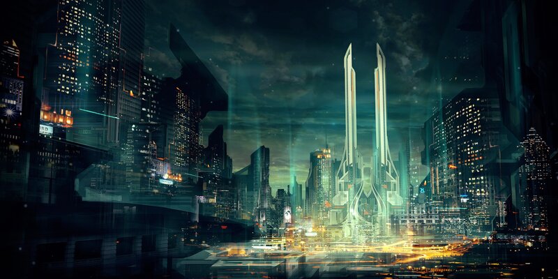 Futuristic Cityscape — Green, Dramatic, Night, Digital Art, Skyscrapers, Neon Lights, Clouds