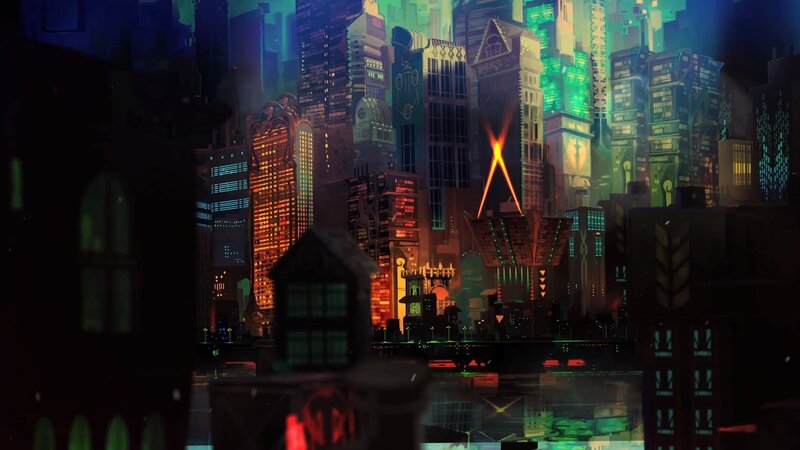 Futuristic Cityscape — Green, Dramatic, Night, Digital Art, Skyscrapers, Neon Lights