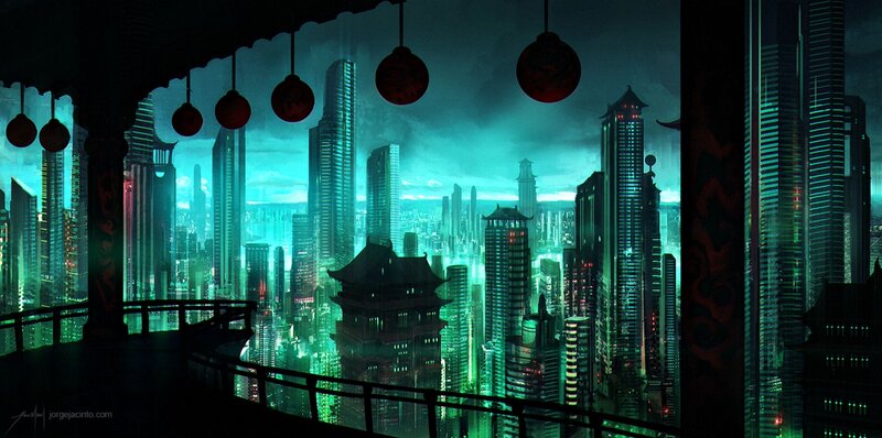 Futuristic Cityscape — Green, Dramatic, Night, Digital Art, Skyscrapers