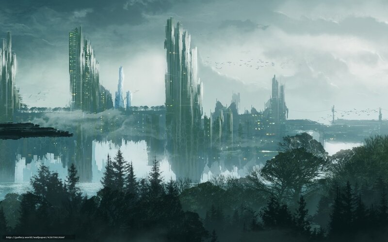 Futuristic Cityscape — Green, Dramatic, Night, Digital Art, Skyscrapers, Trees, Reflection