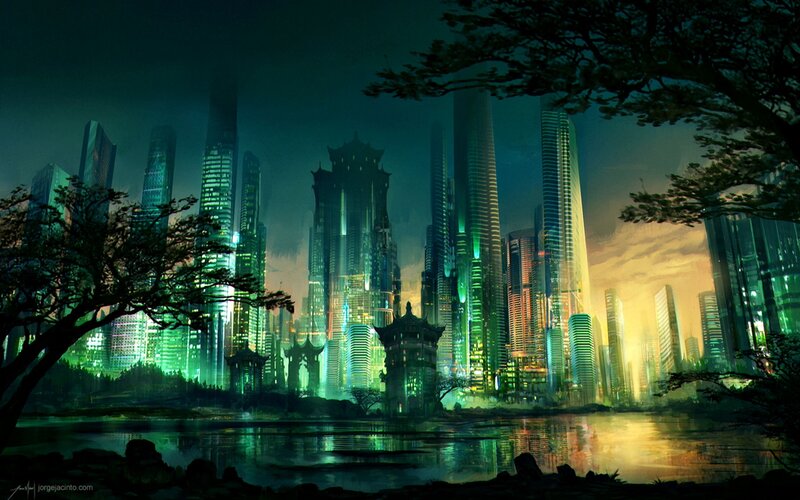 Futuristic Cityscape — Green, Dramatic, Night, Digital Art, Skyscrapers, Trees
