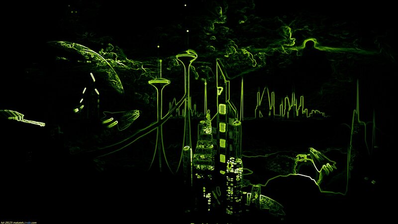 Futuristic Cityscape — Green, Dramatic, Night, Digital Art