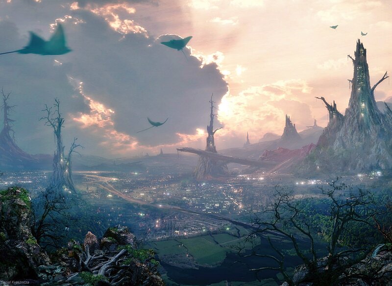 Futuristic Cityscape — Green, Dramatic, Sunset, Digital Art, City, Trees