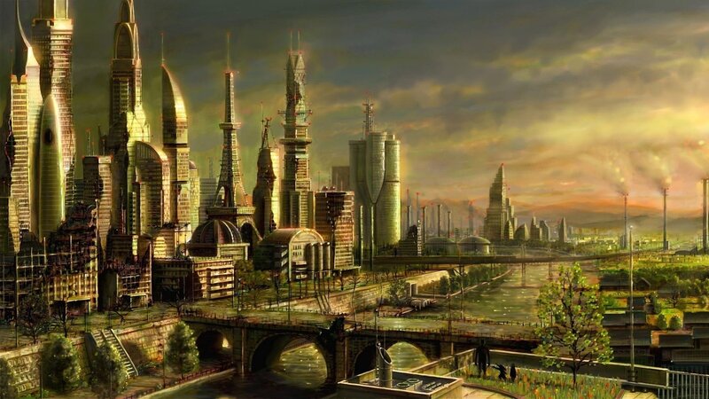 Futuristic Cityscape — Green, Dramatic, Sunset, Digital Art, Skyscrapers, River, Bridge