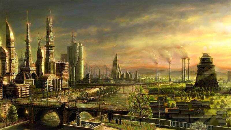 Futuristic Cityscape — Green, Dramatic, Sunset, Digital Art, Skyscrapers, River