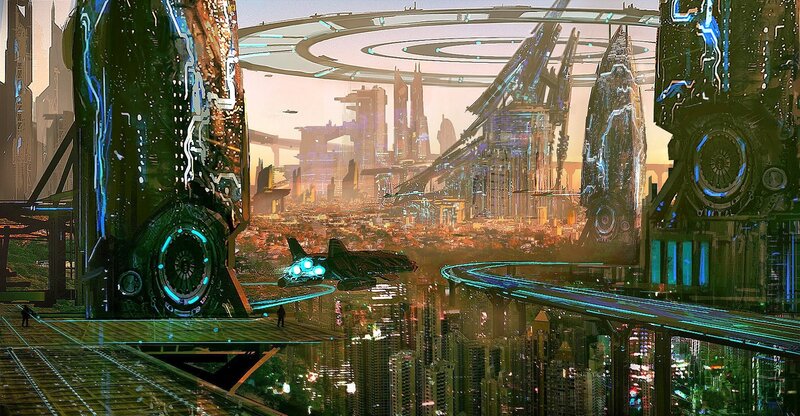 Futuristic Cityscape — Green, Dramatic, Sunset, Digital Art, Skyscrapers
