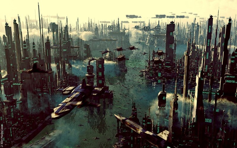 Futuristic Cityscape — Green, Dramatic, Sunset, Digital Art
