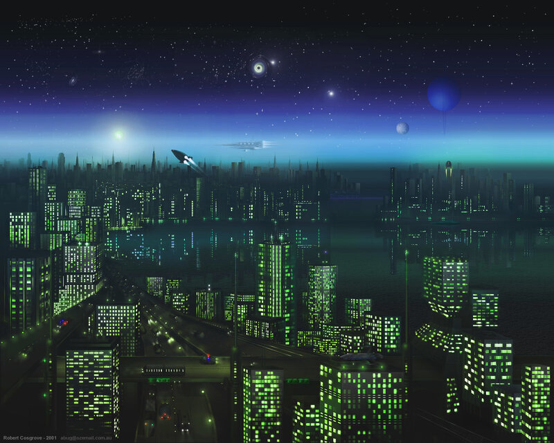 Futuristic Cityscape — Green, Dramatic
