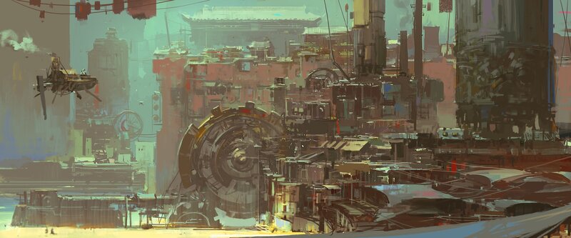 Futuristic Cityscape — Green, Dystopian, Afternoon