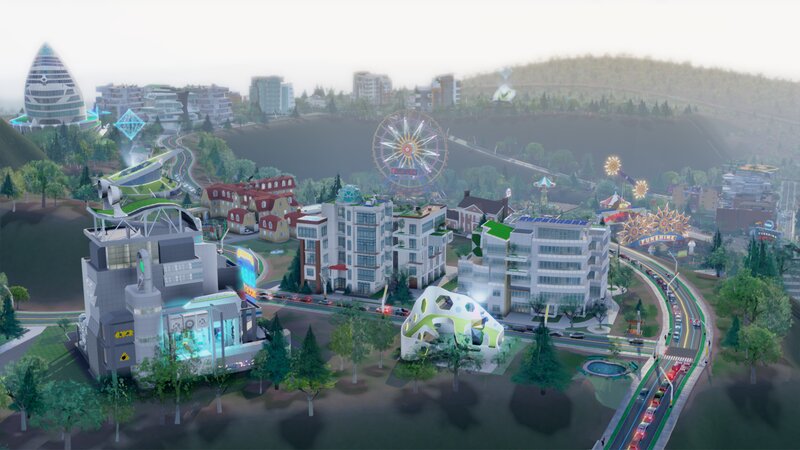 Futuristic Cityscape — Green, Serene, Afternoon, 3d Render, Ferris Wheel