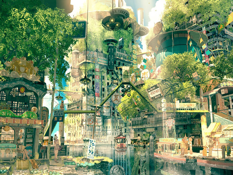Futuristic Cityscape — Green, Serene, Afternoon, Digital Art, Buildings