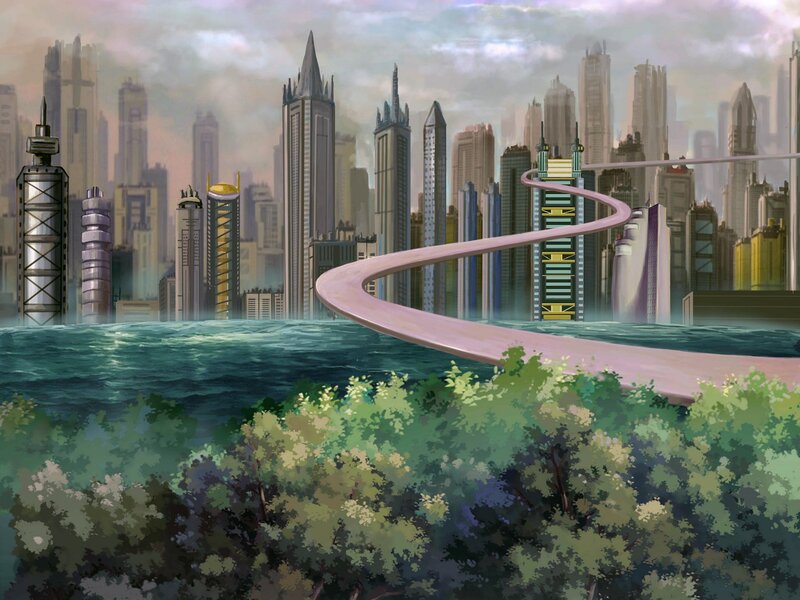 Futuristic Cityscape — Green, Serene, Afternoon, Digital Art, Skyscrapers, River