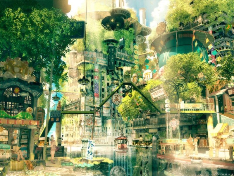 Futuristic Cityscape — Green, Serene, Afternoon, Digital Art