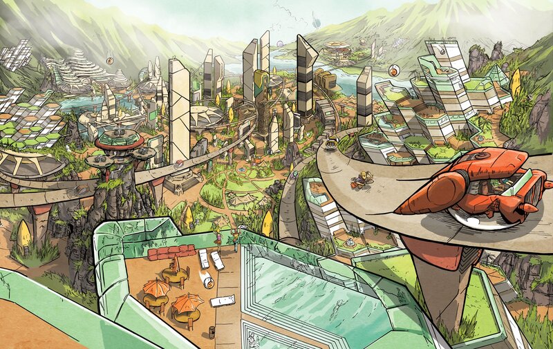 Futuristic Cityscape — Green, Serene, Afternoon, Illustration