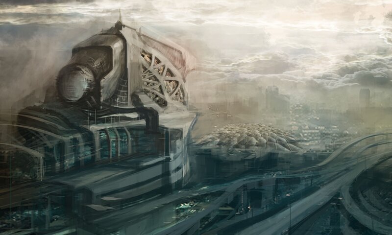 futuristic cityscape in clouds