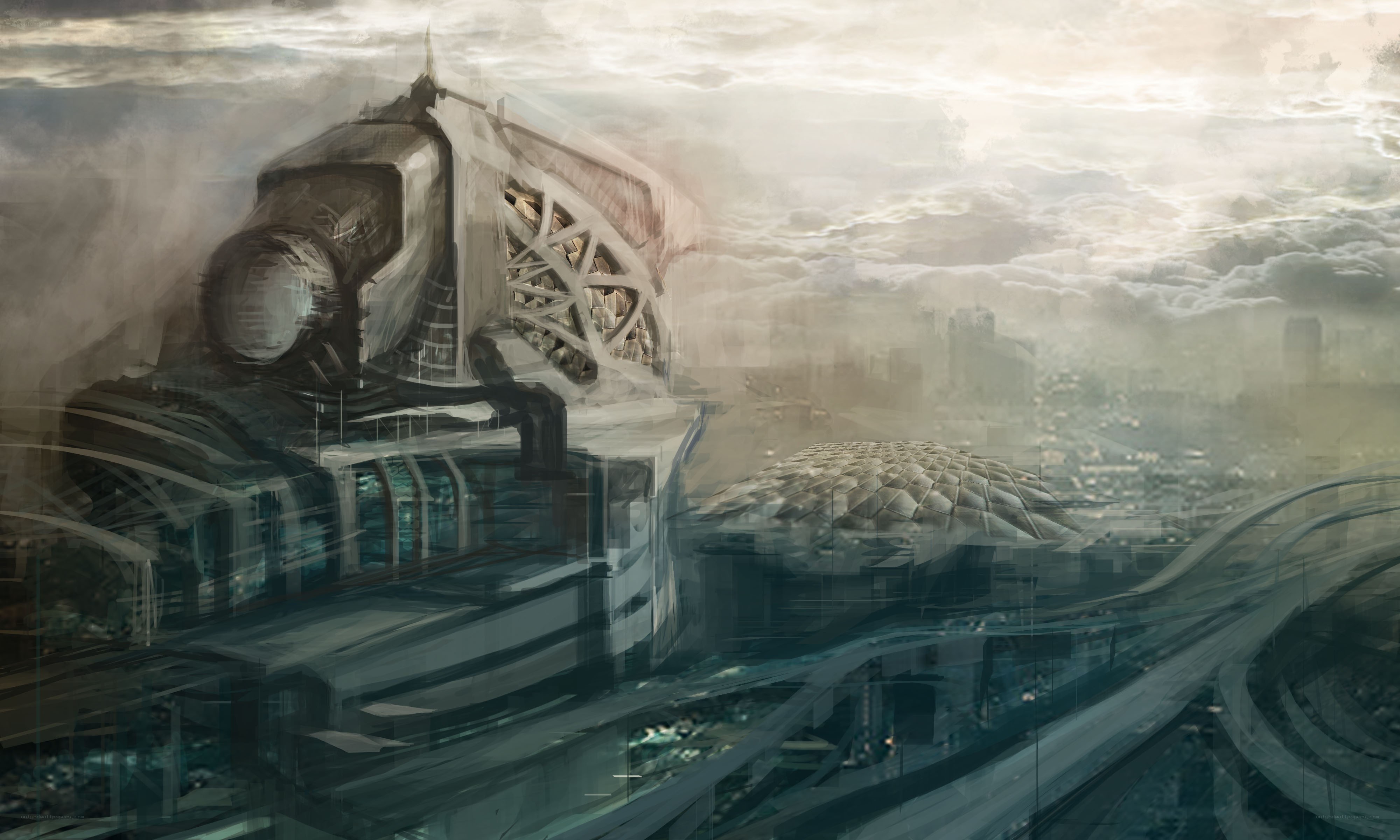 futuristic cityscape in clouds