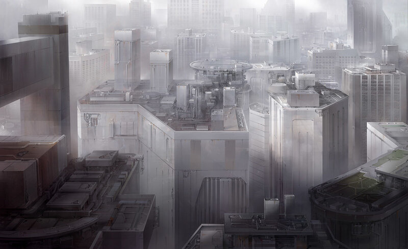 futuristic cityscape in fog