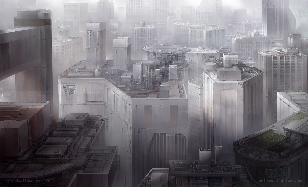 futuristic cityscape in fog