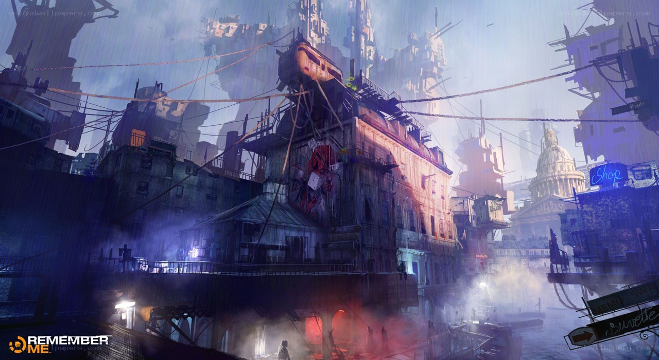 futuristic cityscape in rain