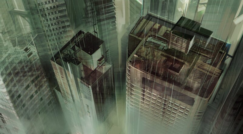 futuristic cityscape in rain