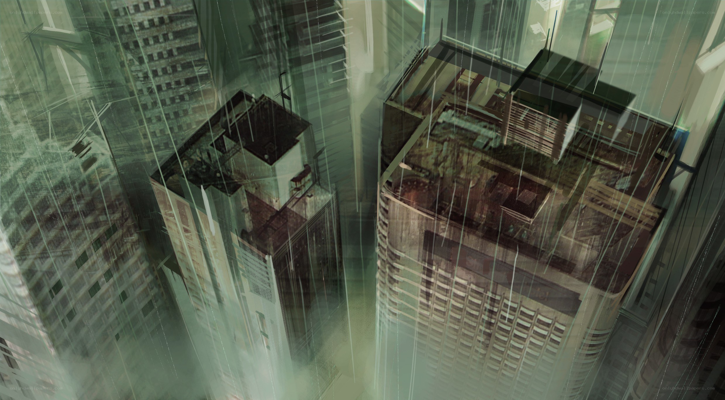 futuristic cityscape in rain